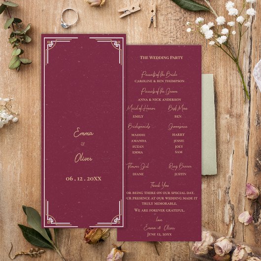 Programme de cérémonie de mariage Art Déco or burg