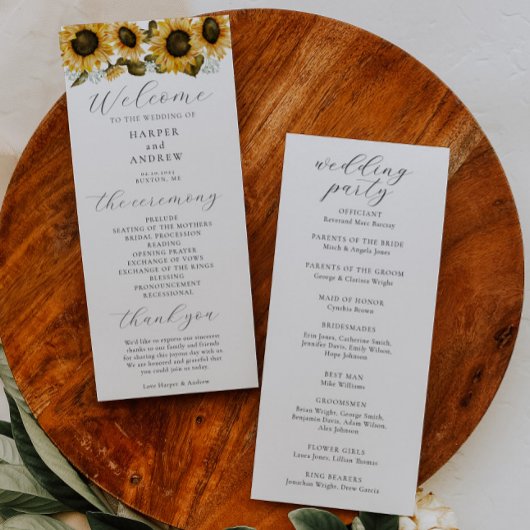 Programme de cérémonie de mariage aux tournesols