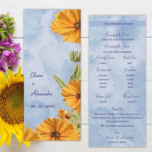 Programme de cérémonie de mariage aux tournesols à