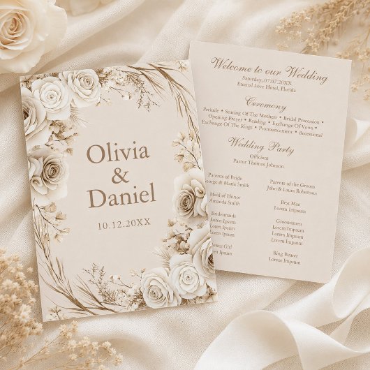 Programme de cérémonie de mariage beige aux roses