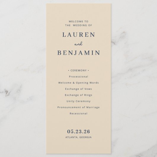 Programme de cérémonie de mariage beige élégant (Devant)