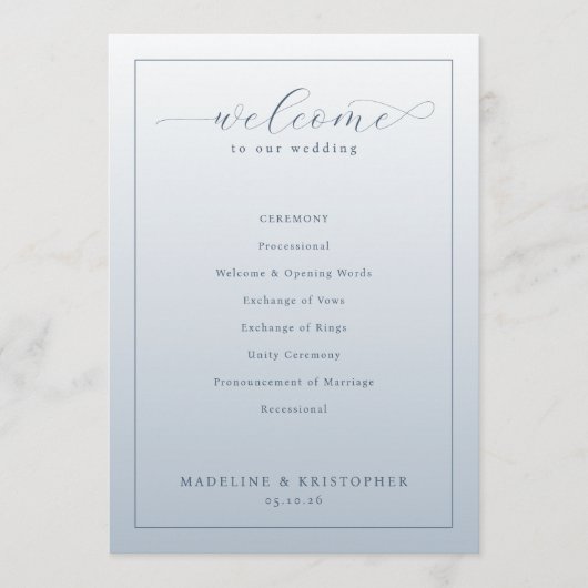 Programme de cérémonie de mariage bleu élégant (Devant)