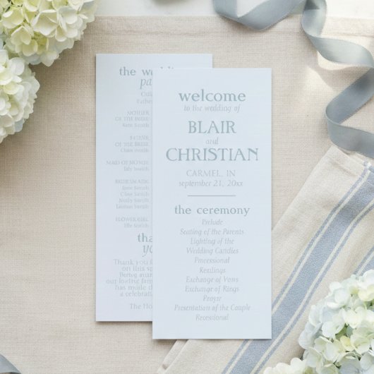 Programme de cérémonie de mariage bleu élégant côt