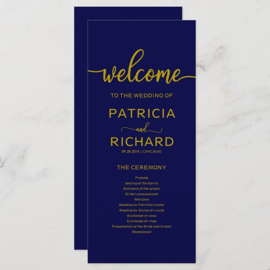 Programme de cérémonie de mariage bleu marine or (Devant / Derrière)