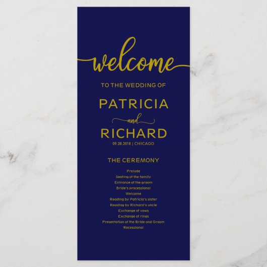 Programme de cérémonie de mariage bleu marine or (Devant)