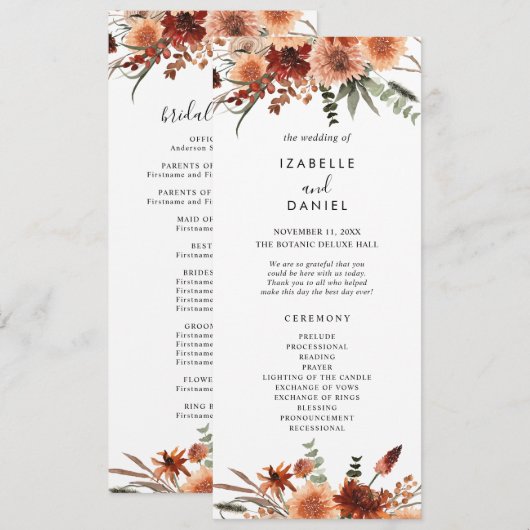 Programme de cérémonie de mariage botanique en ter (Devant / Derrière)