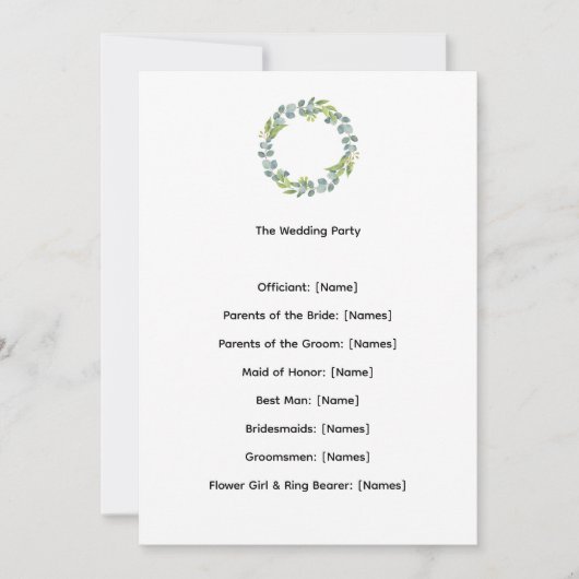 Programme de cérémonie de mariage botanique Eucaly (Devant)