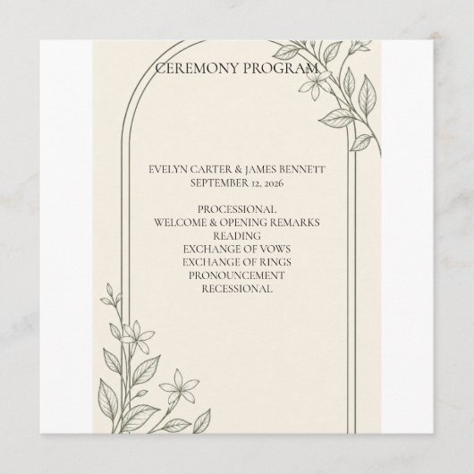 Programme de cérémonie de mariage botanique olive (Devant)