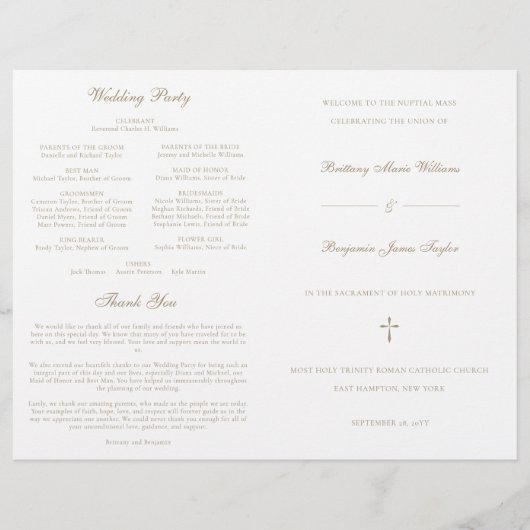 Programme de cérémonie de mariage catholique en or (Devant)