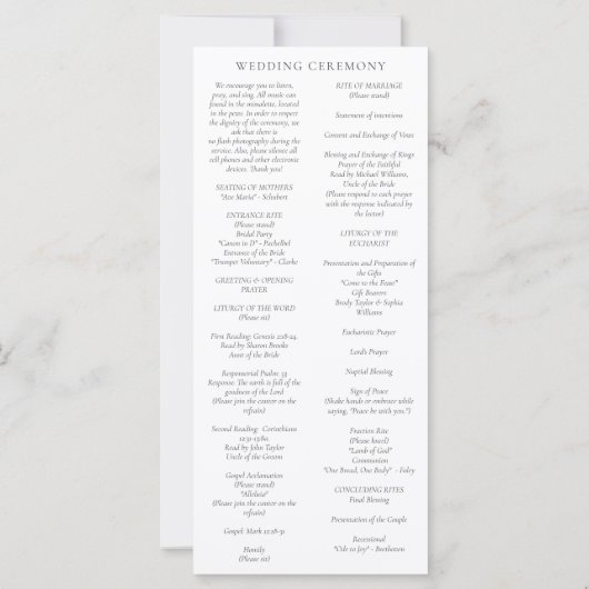 Programme de cérémonie de mariage catholique pour  (Dos)