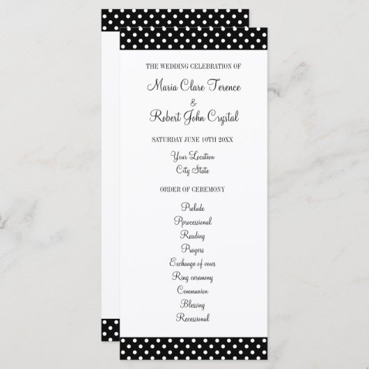 Programme de cérémonie de mariage de pois noir et  (Devant / Derrière)