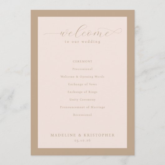 Programme de cérémonie de mariage élégant beige (Devant)