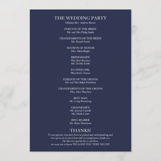 Programme de cérémonie de mariage élégant bleu mar (Dos)