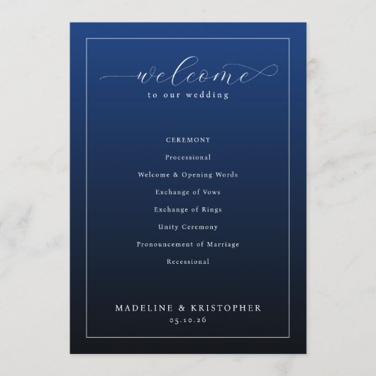Programme de cérémonie de mariage élégant en marin (Devant)