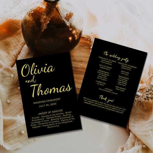 Programme de cérémonie de mariage élégant noir et