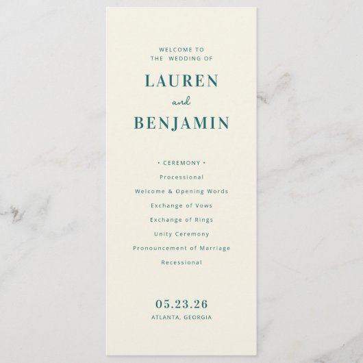 Programme de cérémonie de mariage élégant sarcelle (Devant)