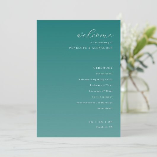Programme de cérémonie de mariage élégant sarcelle (Debout devant)