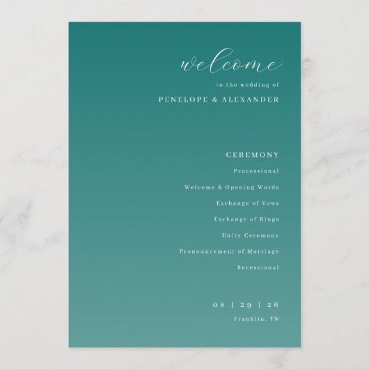 Programme de cérémonie de mariage élégant sarcelle (Devant)