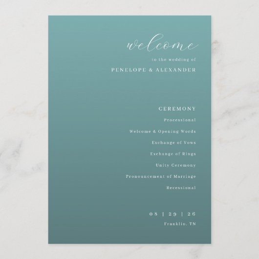 Programme de cérémonie de mariage élégant sarcelle (Devant)