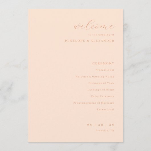 Programme de cérémonie de mariage Élégante Pêche (Devant)