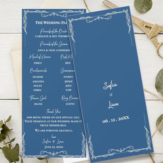 Programme de cérémonie de mariage en bleu poussiér