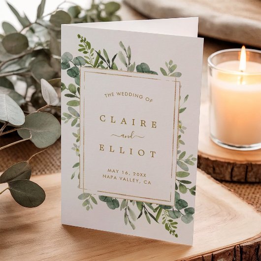 Programme de cérémonie de mariage en verdure dorée
