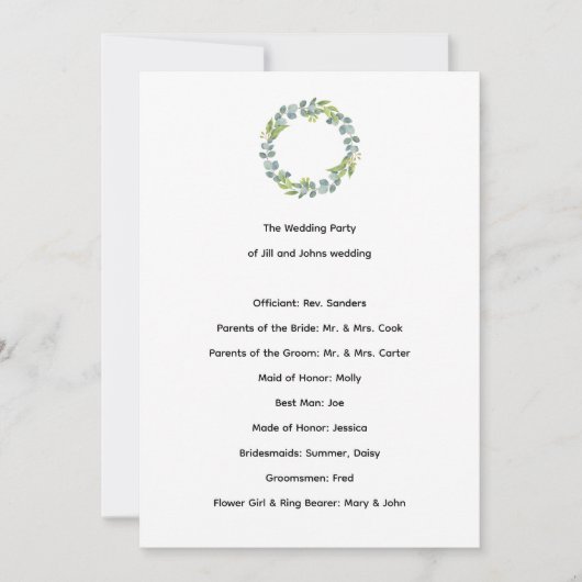 Programme de cérémonie de mariage eucalyptus botan (Devant)