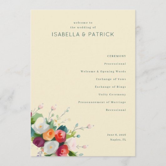 Programme de cérémonie de mariage floral beige élé (Devant)