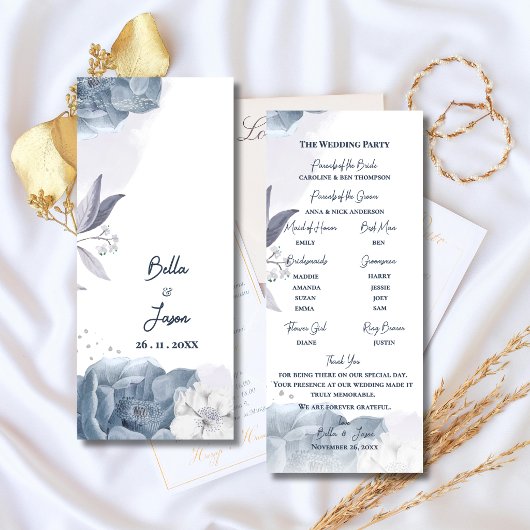 Programme de cérémonie de mariage floral bleu pous