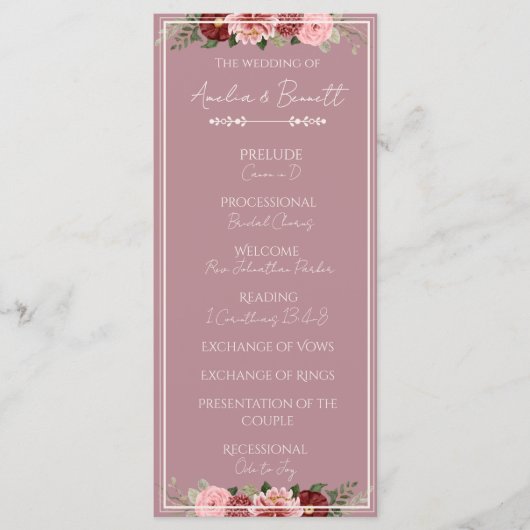 Programme de cérémonie de mariage floral bordeaux (Devant)