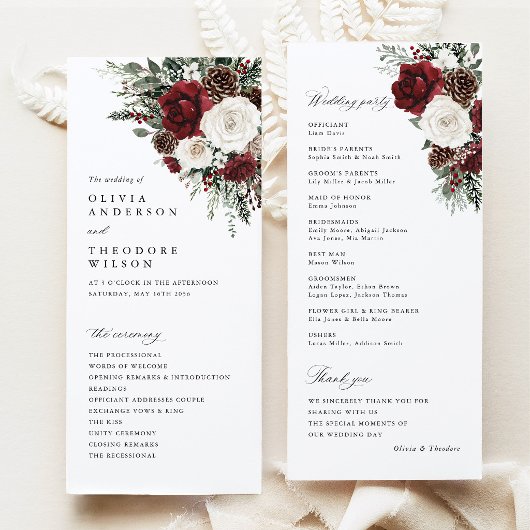 Programme de cérémonie de mariage floral d'hiver e
