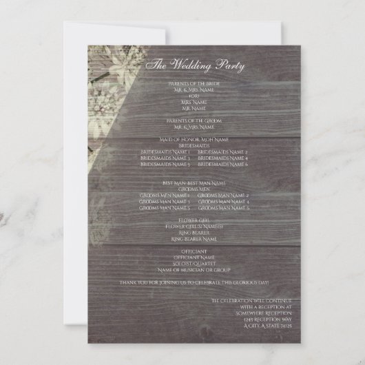Programme de cérémonie de mariage floral en bois r (Dos)