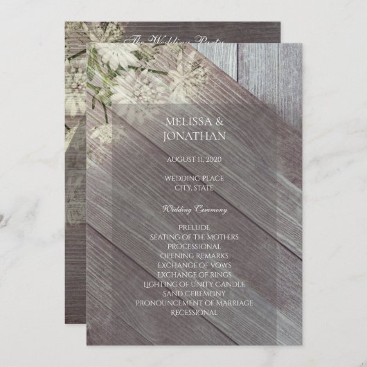 Programme de cérémonie de mariage floral en bois r (Devant / Derrière)
