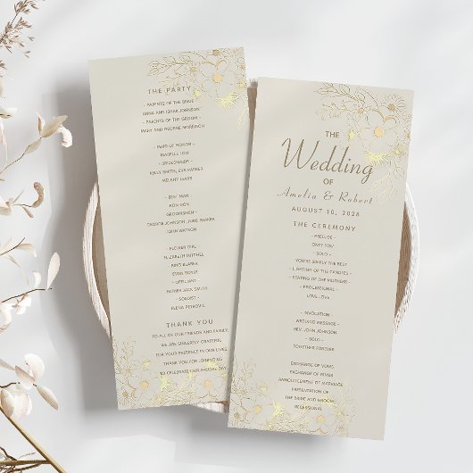 Programme de cérémonie de mariage floral en or et 
