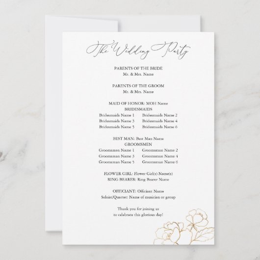 Programme de cérémonie de Mariage Floral Linal Gol (Dos)