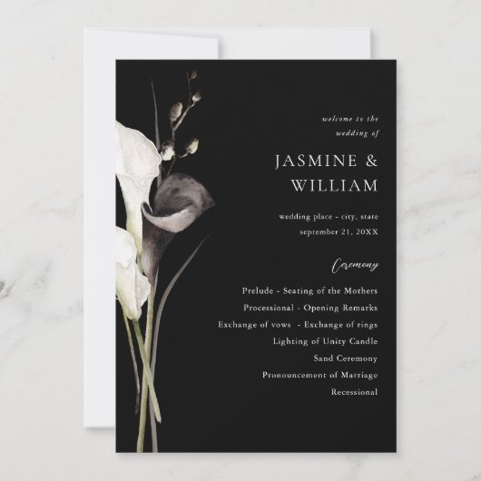 Programme de cérémonie de mariage floral noir et b (Devant)