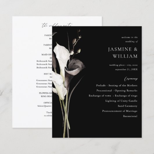 Programme de cérémonie de mariage floral noir et b (Devant / Derrière)
