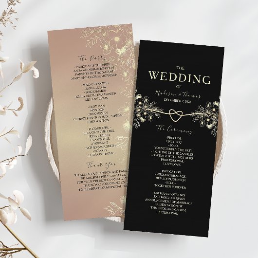 Programme de cérémonie de mariage floral or noir
