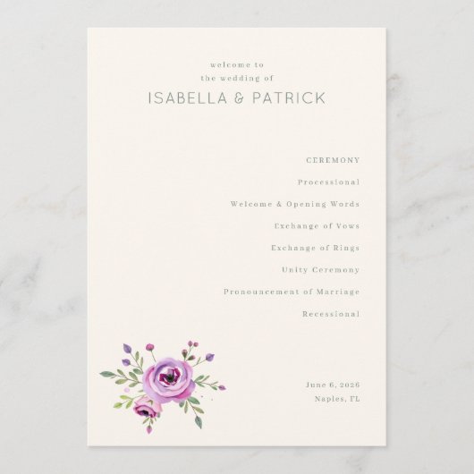 Programme de cérémonie de mariage floral pastel él (Devant)