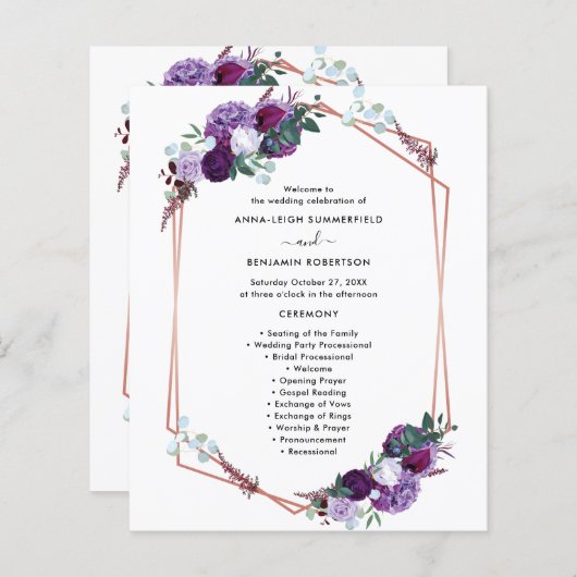 Programme de cérémonie de Mariage floral pourpre (Devant / Derrière)