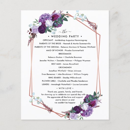 Programme de cérémonie de Mariage floral pourpre (Dos)