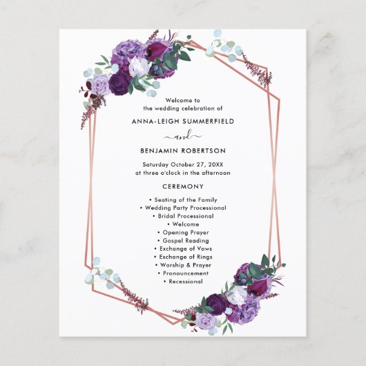 Programme de cérémonie de Mariage floral pourpre (Devant)