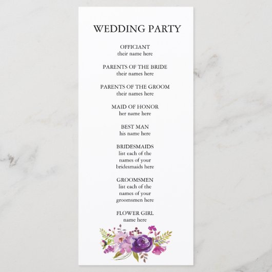 Programme de cérémonie de mariage floral pourpre (Dos)