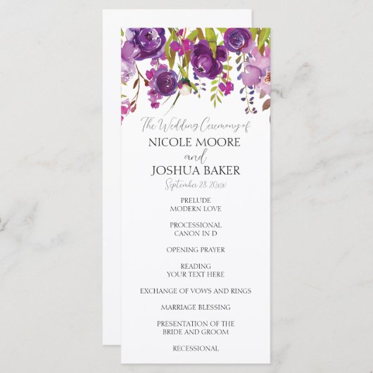 Programme de cérémonie de mariage floral pourpre (Devant / Derrière)