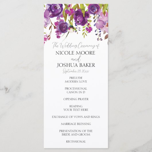 Programme de cérémonie de mariage floral pourpre (Devant)