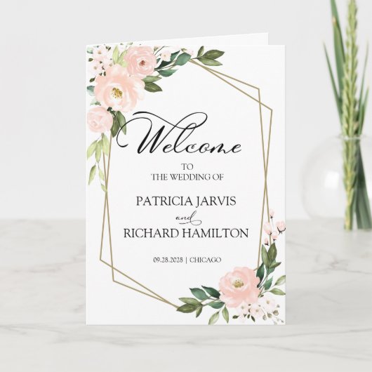 Programme de cérémonie de mariage floral rose blus (Devant)