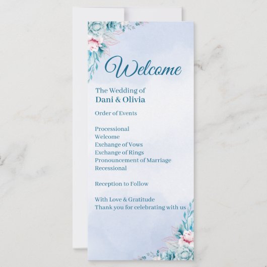 Programme de cérémonie de mariage floral sarcelle (Devant)