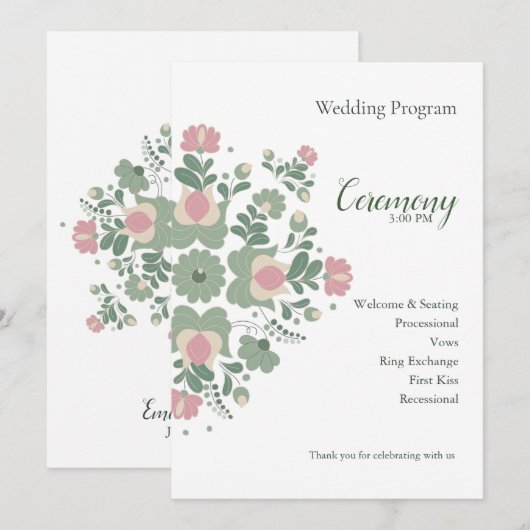 Programme de cérémonie de mariage floral vert saug (Devant / Derrière)
