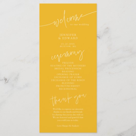 Programme de cérémonie de mariage jaune minimalist (Devant)