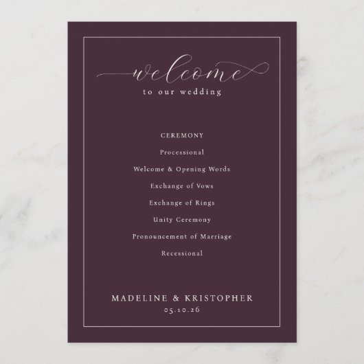 Programme de cérémonie de mariage marron élégant (Devant)